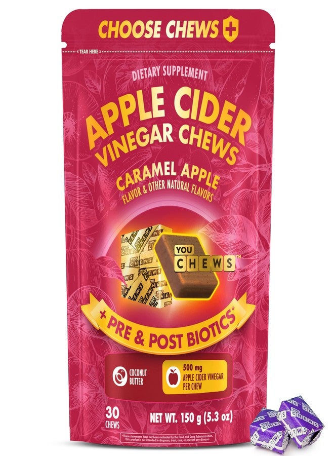 YouChews Apple Cider Vinegar Chews Better Than Apple Cider Gummies - Bloating Relief for Women and Men, 500mg Organic ACV with Prebiotics & Postbiotics, Low Sugar, Caramel Flavor, 30 Count - Image 1
